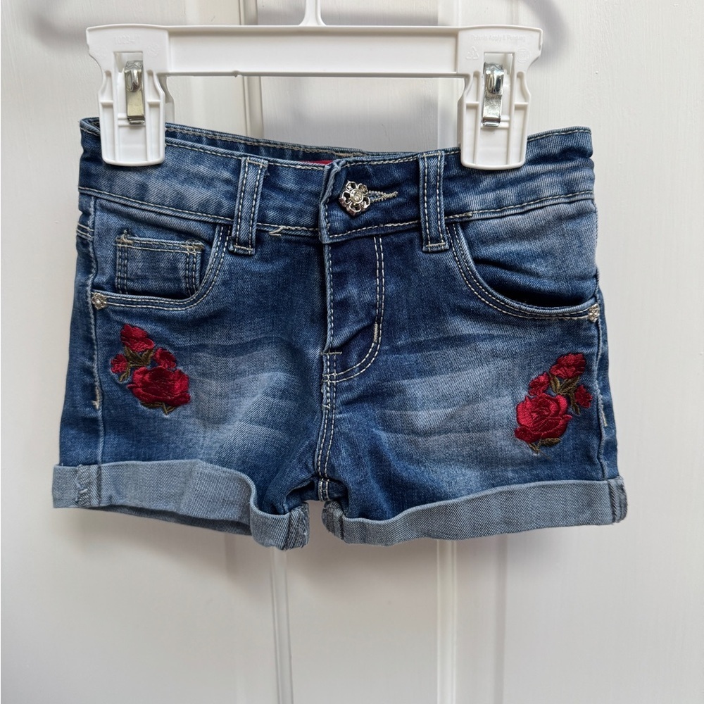 NWOT Pop Jeans 2T Girls Blue and Red Embroidered Floral Denim Shorts